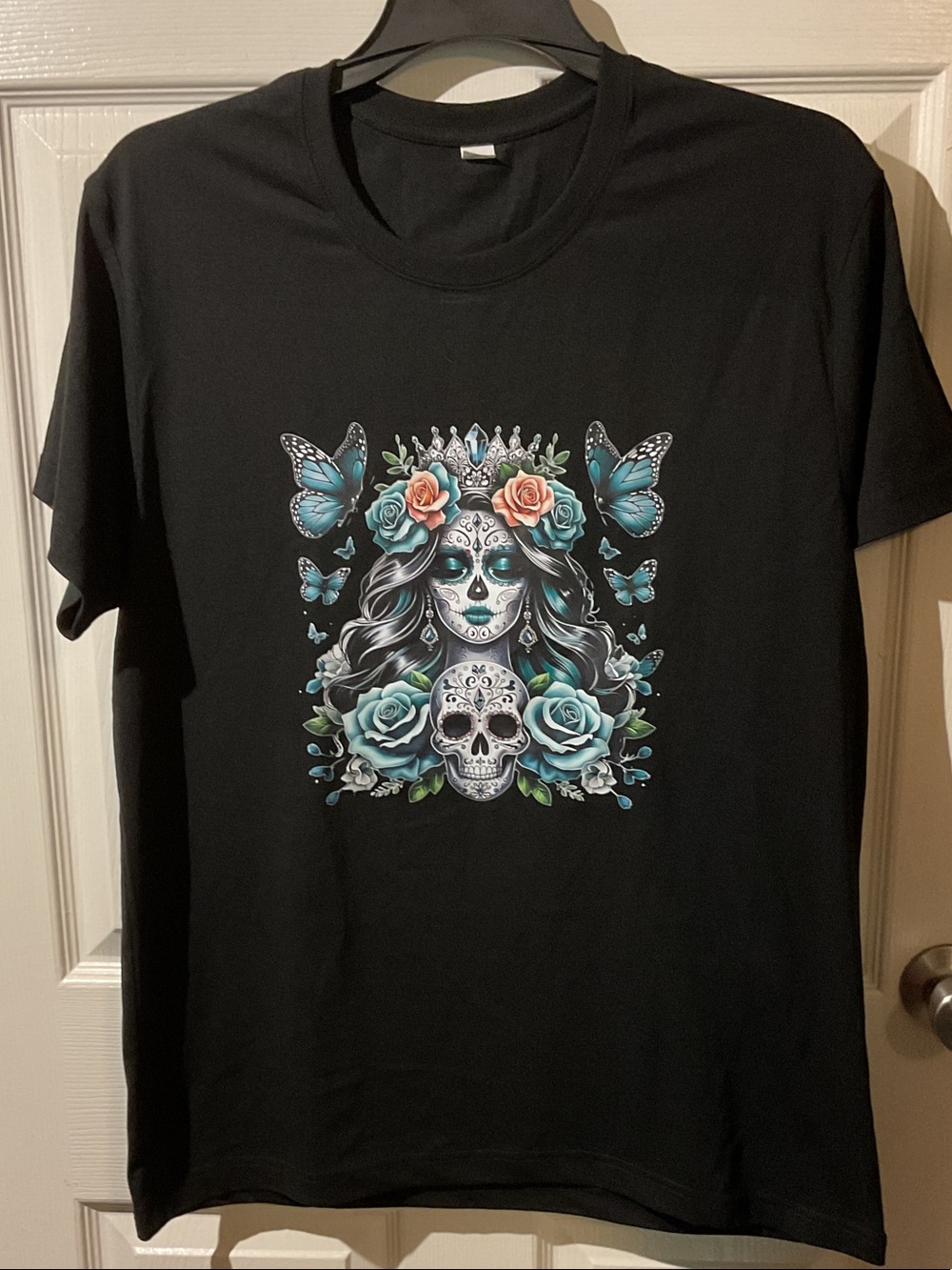 Sugar Skull Floral Tee with Turquoise Butterflies